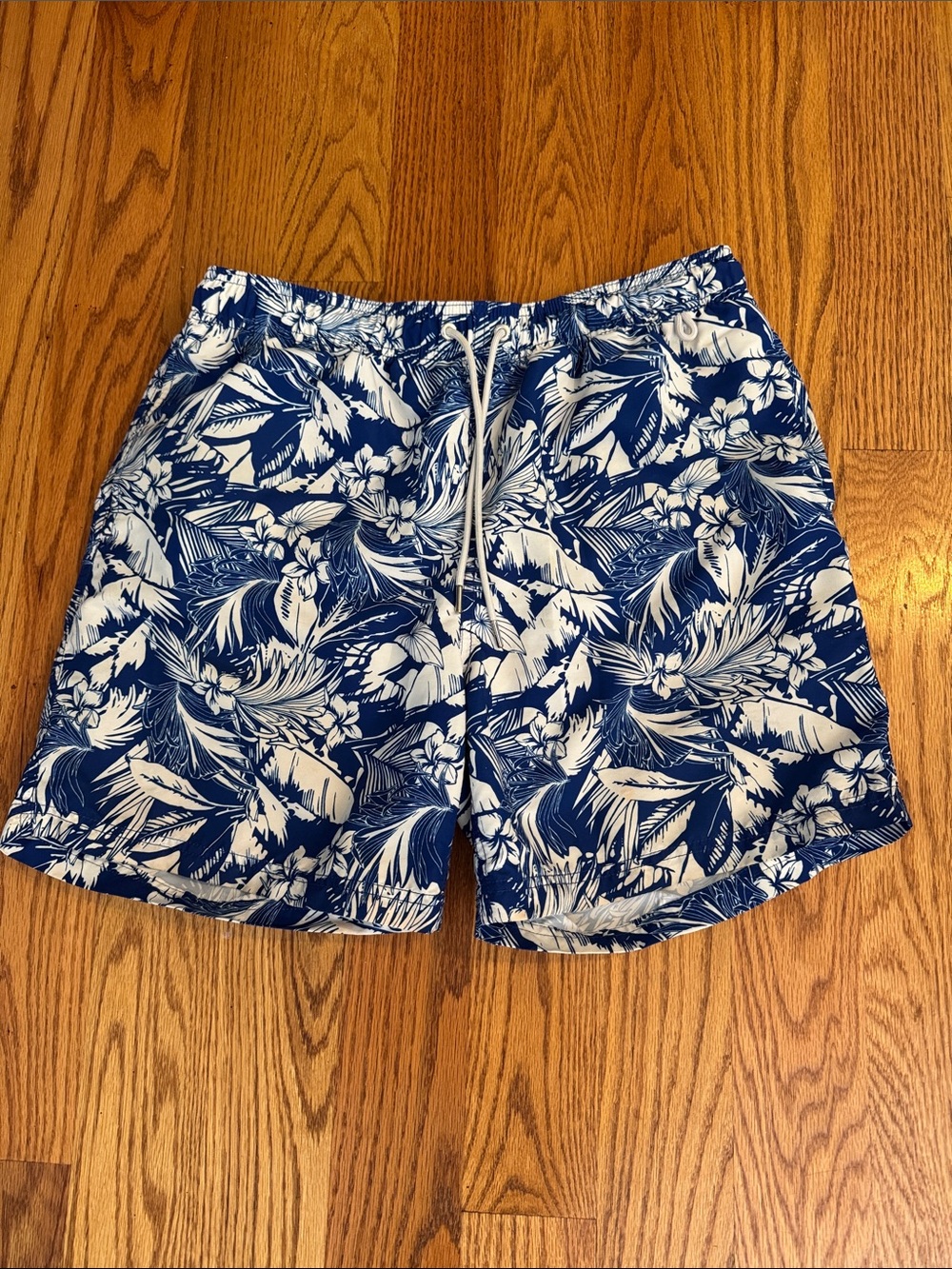 Lands' End Blue and White Floral Swim Trunks